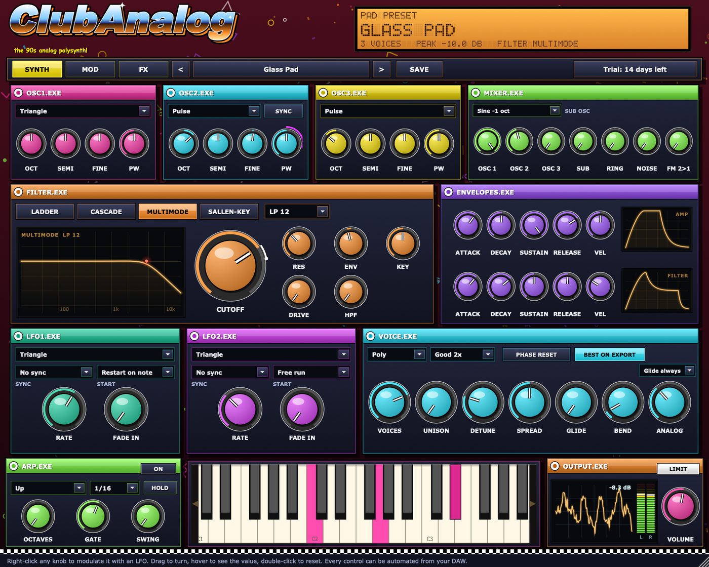 ClubAnalog synth window: three oscillators, four filter models, envelopes, LFOs, voice settings and arpeggiator